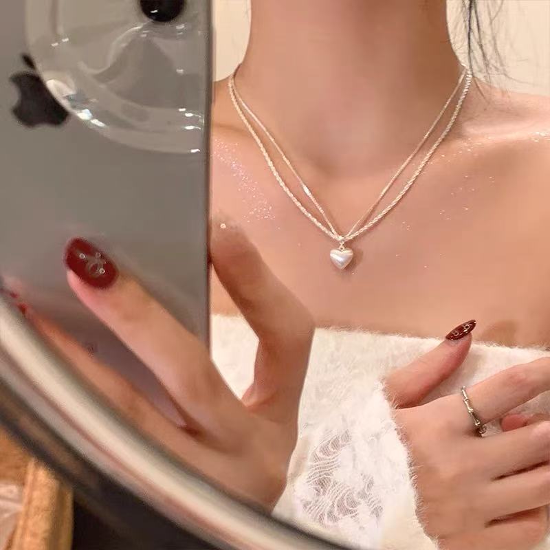 Double-layer Brushed Love Pendant Necklace For Women