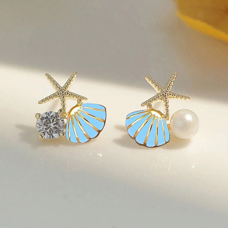 Pearl Dripping Oil Shell Starfish Stud Earrings