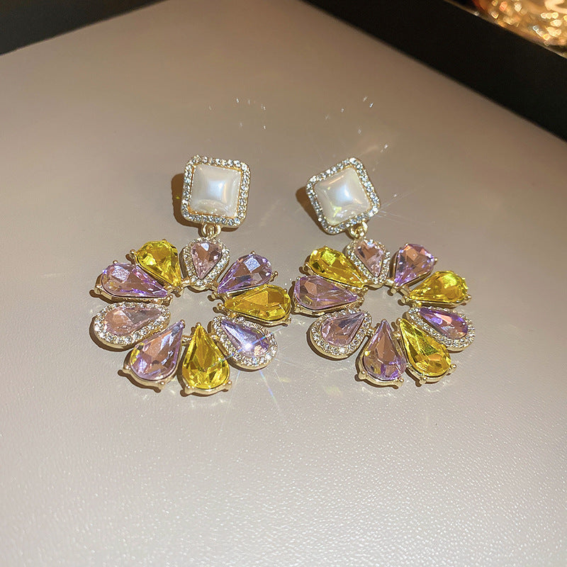 Silver Stud Rhinestone-encrusted Water Drop Flower Pearl Earrings And Necklace Set