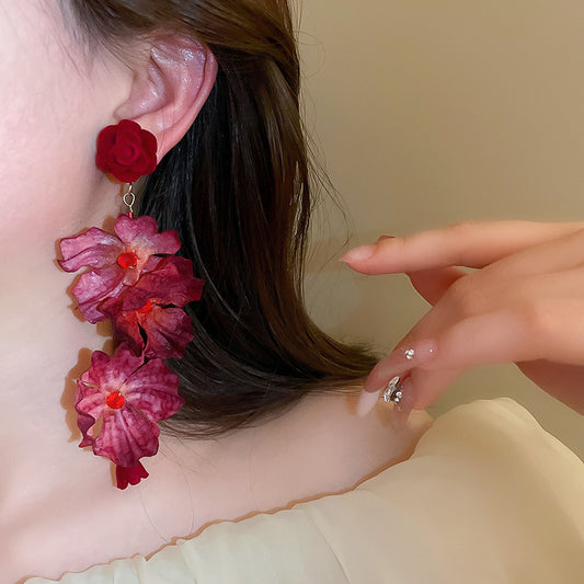 Fabric Roses Long Fashion Earrings