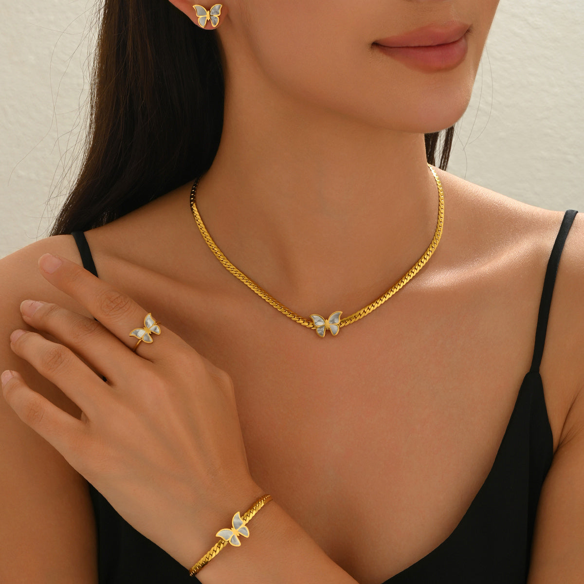 Gold Plated Stainless Steel Butterfly Jewelry Set - Hypoallergenic Necklace, Earrings & Adjustable Ring, Waterproof & Tarnish-Free, Elegant