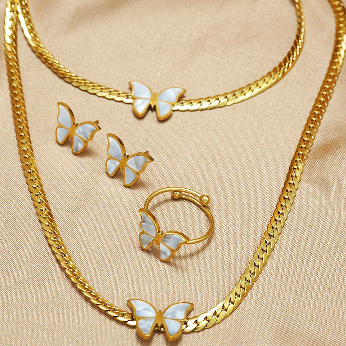 Gold Plated Stainless Steel Butterfly Jewelry Set - Hypoallergenic Necklace, Earrings & Adjustable Ring, Waterproof & Tarnish-Free, Elegant