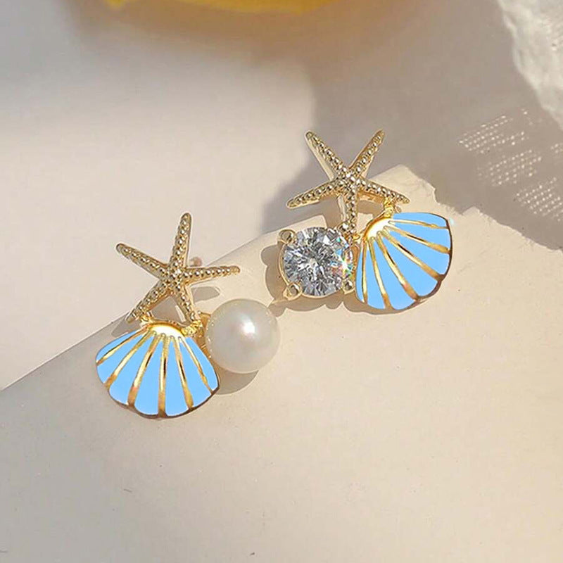 Pearl Dripping Oil Shell Starfish Stud Earrings