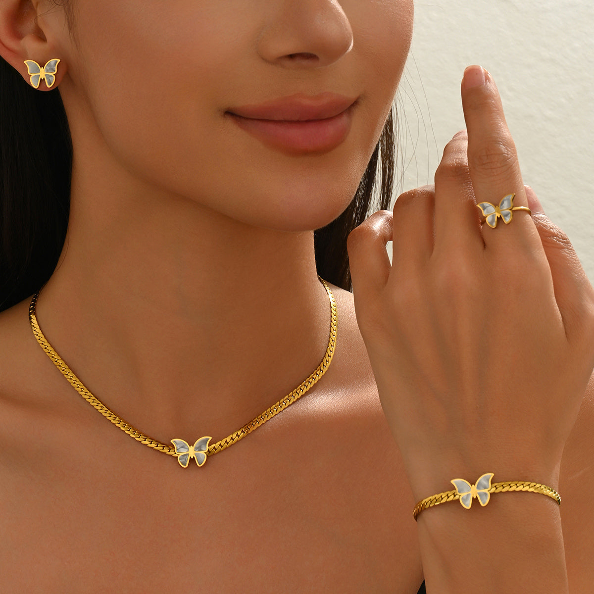 Gold Plated Stainless Steel Butterfly Jewelry Set - Hypoallergenic Necklace, Earrings & Adjustable Ring, Waterproof & Tarnish-Free, Elegant