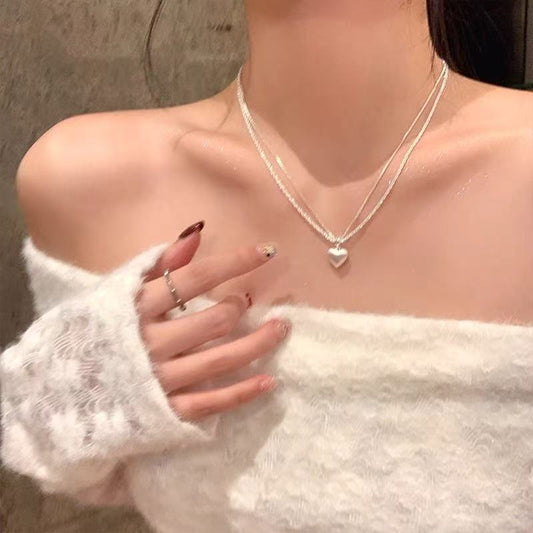 Double-layer Brushed Love Pendant Necklace For Women