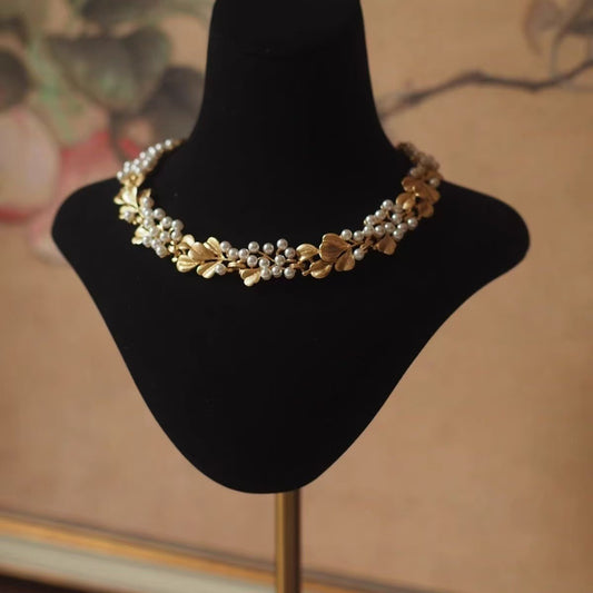 Mid-ancient Necklace Ginkgo Leaf Pearl Vintage Brushed Frosted