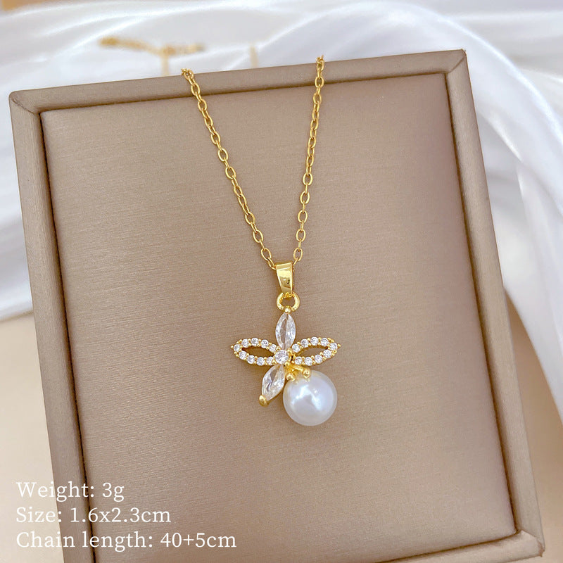 Titanium Steel Necklace And Earrings Suite Light Luxury Full Diamond