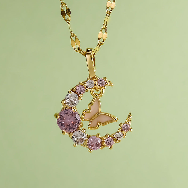 New Temperament Entry Lux Full Zirconium Ring Butterfly Pendant Titanium Steel Necklace