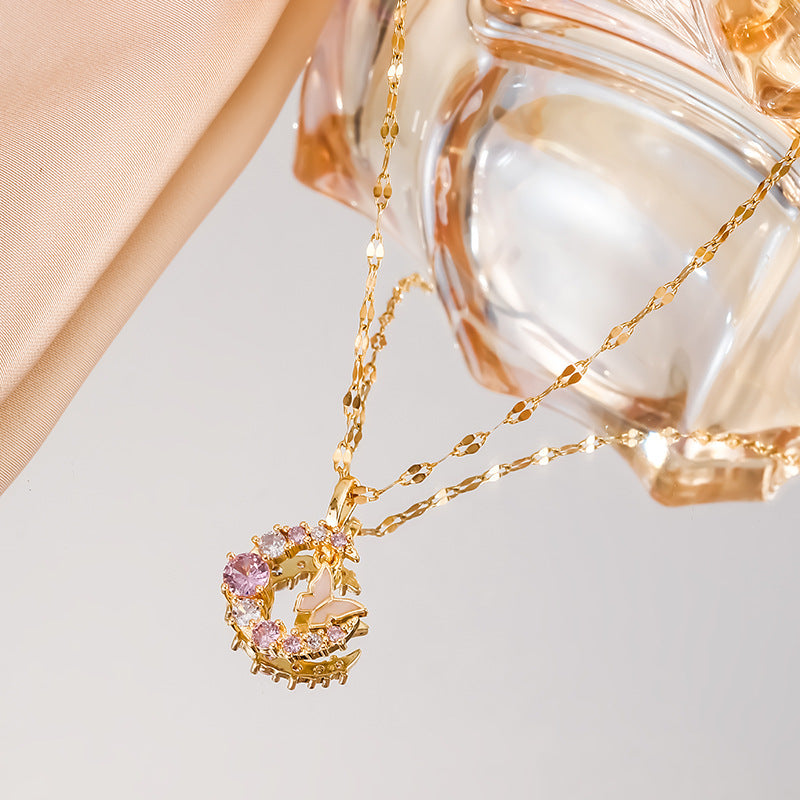 New Temperament Entry Lux Full Zirconium Ring Butterfly Pendant Titanium Steel Necklace