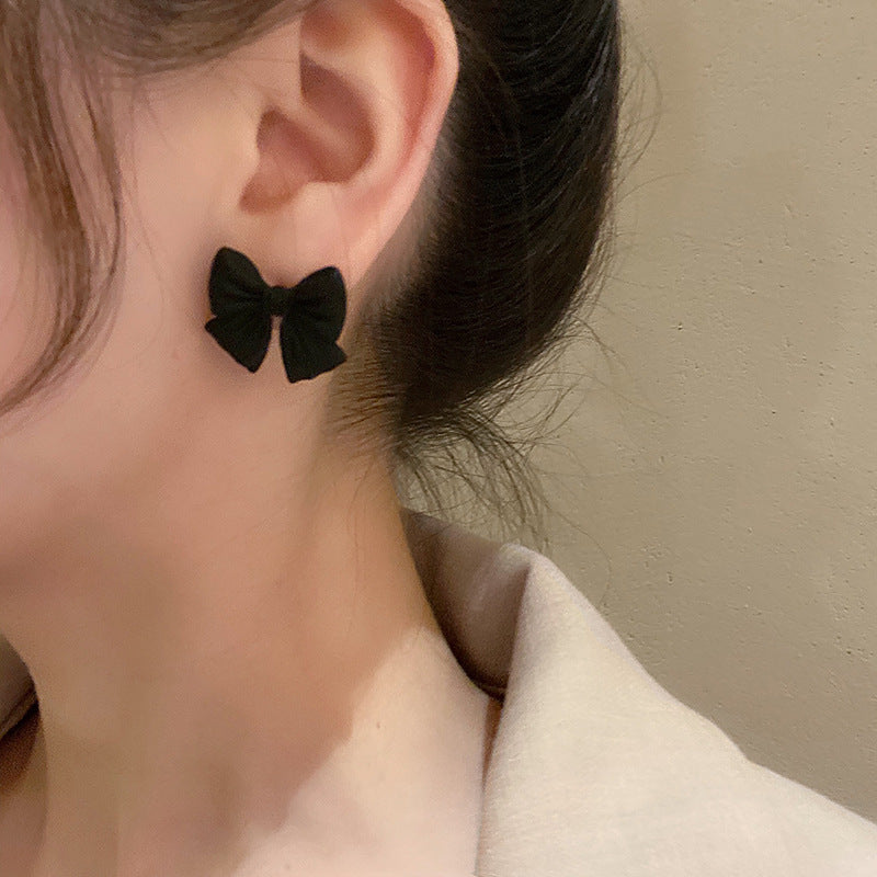 Premium Black Bow Stud Earrings Retro Sterling Silver Needle