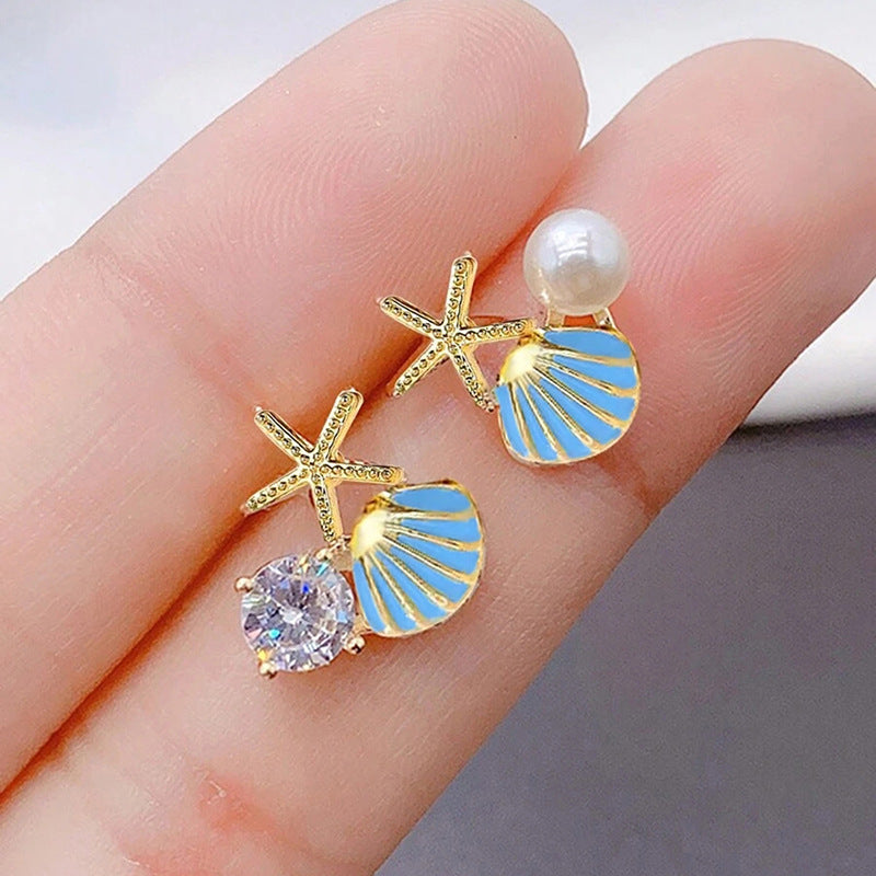 Pearl Dripping Oil Shell Starfish Stud Earrings